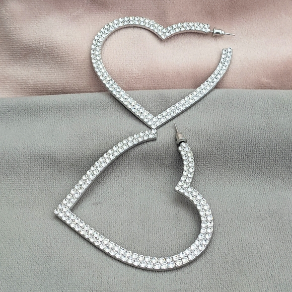 Earrings Hoop Earrings Big Hearts Shiny Crystal Rhinestone Silver Tone - Picture 12 of 12